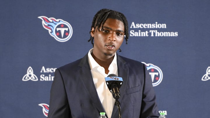 Tennessee Titans quarterback Cam Ward speaks at his introductory press conference.