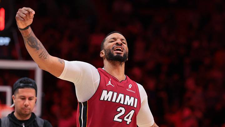 Jan 13, 2026; Miami, Florida, USA; Miami Heat guard Norman Powell (24) reacts after scoring against the Phoenix Suns during the fourth quarter at Kaseya Center. Mandatory Credit: Sam Navarro-Imagn Images Jan 13, 2026; Miami, Florida, USA; Miami Heat guard Norman Powell (24) reacts after scoring against the Phoenix Suns during the fourth quarter at Kaseya Center. Mandatory Credit: Sam Navarro-Imagn Images