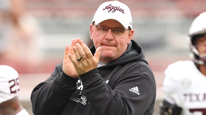 Texas A&M Aggies head coach Mike Elko prior to the game against the Arkansas Razorbacks at Donald W. Reynolds Razorback Stadium.