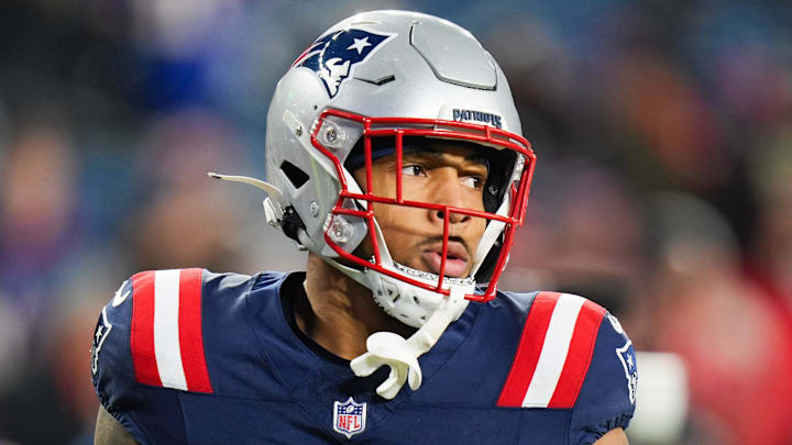 Jan 11, 2026; Foxborough, MA, USA; New England Patriots running back Treveyon Henderson (32) looks on before the game against the Los Angeles Chargers in an AFC Wild Card Round game at Gillette Stadium. Mandatory Credit: David Butler II-Imagn Images Jan 11, 2026; Foxborough, MA, USA; New England Patriots running back Treveyon Henderson (32) looks on before the game against the Los Angeles Chargers in an AFC Wild Card Round game at Gillette Stadium. Mandatory Credit: David Butler II-Imagn Images