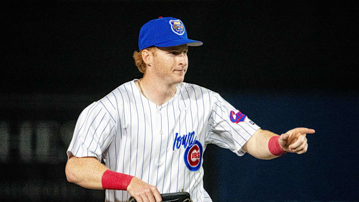 Iowa Cubs' Owen Caissie (17) makes his way to the dugout on Friday, March 28, 2025, at Principal Park in Des Moines.