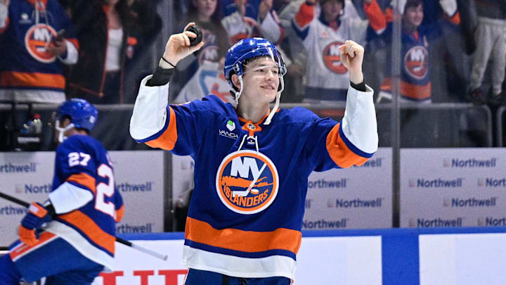 Mar 1, 2026; Elmont, New York, USA; New York Islanders defenseman Matthew Schaefer (48) celebrates with the crowd after the victory over the Florida Panthers during the third period at UBS Arena. Mandatory Credit: Dennis Schneidler-Imagn Images