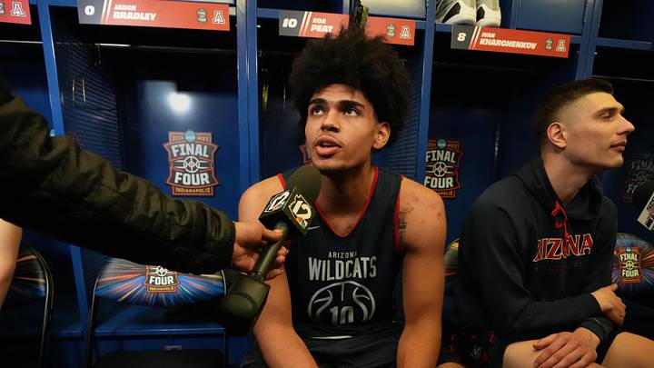Apr 2, 2026; Indianapolis, IN, USA; Arizona Wildcats forward Koa Peat (10) during open locker room ahead of the Final Four of the men's 2026 NCAA Tournament at Lucas Oil Stadium. Mandatory Credit: Bob Donnan-Imagn Images Apr 2, 2026; Indianapolis, IN, USA; Arizona Wildcats forward Koa Peat (10) during open locker room ahead of the Final Four of the men's 2026 NCAA Tournament at Lucas Oil Stadium. Mandatory Credit: Bob Donnan-Imagn Images
