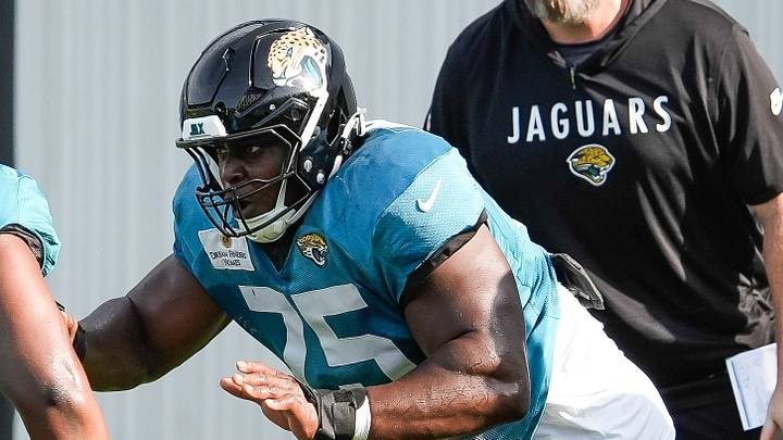 Jacksonville Jaguars Offensive Lineman Emmanuel Pregnon (75) runs a drill with during the Jacksonville Jaguars 14th session of NFL Training Camp at the Miller Electric Center in Jacksonville, Fla., Monday, August 17, 2026.    [Doug Engle/Florida Times-Union]