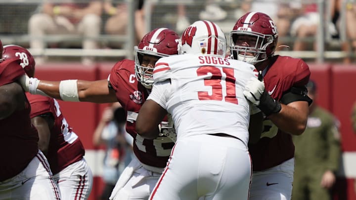 Wisconsin Badgers defensive lineman Jay'Viar Suggs (31) declared for the NFL Draft after transferring to Madison for one season. Wisconsin Badgers defensive lineman Jay'Viar Suggs (31) declared for the NFL Draft after transferring to Madison for one season.