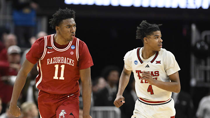 Mar 27, 2025; San Francisco, CA, USA; Arkansas Razorbacks forward Karter Knox (11) reacts after shooting a three point basket during the second half against the Texas Tech Red Raiders during a West Regional semifinal of the 2025 NCAA tournament at Chase Center. Mandatory Credit: Eakin Howard-Imagn Images