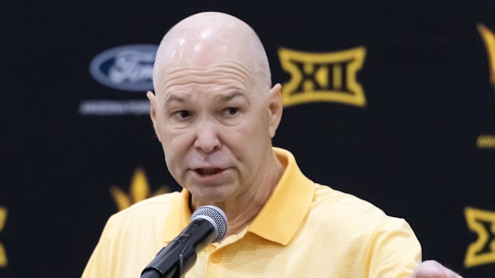 May 7, 2026; Tempe, Arizona, USA; Arizona State Sun Devils basketball head coach Randy Bennett speaks to the media during an introductory press conference at the Weatherup Center. Mandatory Credit: Mark J. Rebilas-Imagn Images