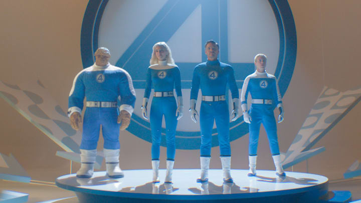 (L-R): Ebon Moss-Bachrach as Ben Grimm/The Thing, Vanessa Kirby as Sue Storm/Invisible Woman, Pedro Pascal as Reed Richards/Mister Fantastic and Joseph Quinn as Johnny Storm/Human Torch in 20th Century Studios/Marvel Studios' FANTASTIC FOUR: FIRST STEPS. Photo courtesy of 20th Century Studios/Marvel Studios. © 2025 20th Century Studios / © and ™ 2025 MARVEL.