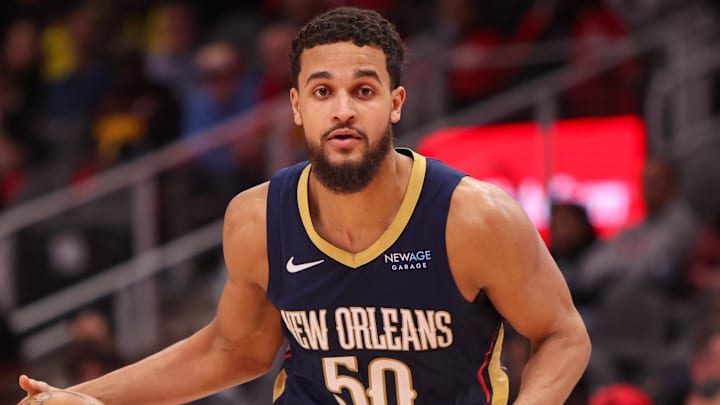 Dec 2, 2024; Atlanta, Georgia, USA; New Orleans Pelicans forward Jeremiah Robinson-Earl (50) drives to the basket against the Atlanta Hawks in the fourth quarter at State Farm Arena. Mandatory Credit: Brett Davis-Imagn Images
