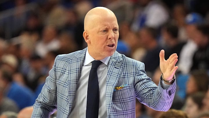 Nov 20, 2024; Los Angeles, California, USA; UCLA Bruins head coach Mick Cronin reacts against the Idaho State Bengals in the first half at Pauley Pavilion presented by Wescom. Mandatory Credit: Kirby Lee-Imagn Images