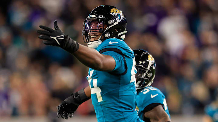 Jacksonville Jaguars linebacker Travon Walker (44) reacts to his sack on Baltimore Ravens quarterback Lamar Jackson (8), not shown, during the first quarter of a regular season NFL football matchup Sunday, Dec. 17, 2023 at EverBank Stadium in Jacksonville, Fla. The Baltimore Ravens defeated the Jacksonville Jaguars 23-7. [Corey Perrine/Florida Times-Union]