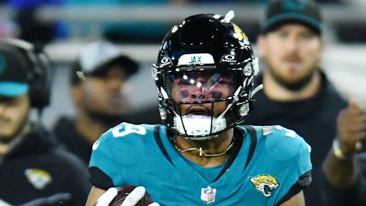 Jacksonville Jaguars wide receiver Jamal Agnew (39) runs down the Jaguars' sidelines on a 65-yard pass play for a touchdown during third quarter action.The Jacksonville Jaguars hosted the Baltimore Ravens at EverBank Stadium in Jacksonville, Florida Sunday Night, December 17, 2023. The Jaguars trailed 10 to 0 at the half and lost 23 to 7. [Bob Self/Florida Times-Union]
