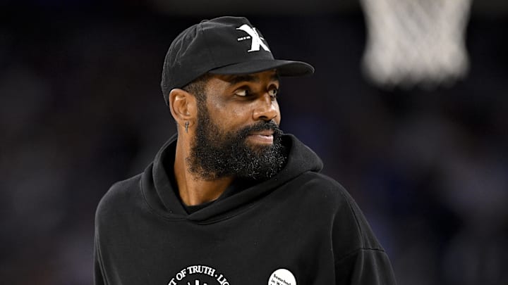 Oct 6, 2025; Fort Worth, Texas, USA; Dallas Mavericks guard Kyrie Irving (11) walks on the court during the second half against the Oklahoma City Thunder at Dickie's Arena. Mandatory Credit: Jerome Miron-Imagn Images Oct 6, 2025; Fort Worth, Texas, USA; Dallas Mavericks guard Kyrie Irving (11) walks on the court during the second half against the Oklahoma City Thunder at Dickie's Arena. Mandatory Credit: Jerome Miron-Imagn Images