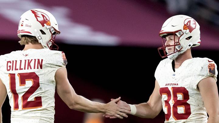 Sep 25, 2025; Glendale, Arizona, USA; Arizona Cardinals kicker Chad Ryland (38) celebrates a field goal with punter Blake Gillikin (12) against the Seattle Seahawks at State Farm Stadium. Mandatory Credit: Mark J. Rebilas-Imagn Images