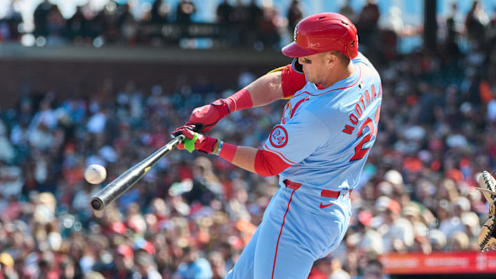 Sep 28, 2024; San Francisco, California, USA; St. Louis Cardinals outfielder Lars Nootbaar (21) bats against the San Francisco Giants during the fifth inning at Oracle Park. Sep 28, 2024; San Francisco, California, USA; St. Louis Cardinals outfielder Lars Nootbaar (21) bats against the San Francisco Giants during the fifth inning at Oracle Park.
