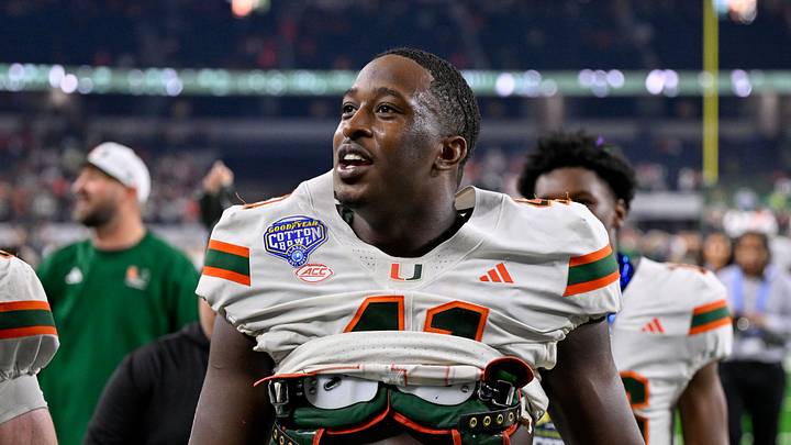 Dec 31, 2025; Arlington, TX, USA; Miami Hurricanes linebacker Chase Smith (41) walks off the field after the 2025 Cotton Bowl and quarterfinal game of the College Football Playoff at AT&T Stadium. Mandatory Credit: Jerome Miron-Imagn Images Dec 31, 2025; Arlington, TX, USA; Miami Hurricanes linebacker Chase Smith (41) walks off the field after the 2025 Cotton Bowl and quarterfinal game of the College Football Playoff at AT&T Stadium. Mandatory Credit: Jerome Miron-Imagn Images