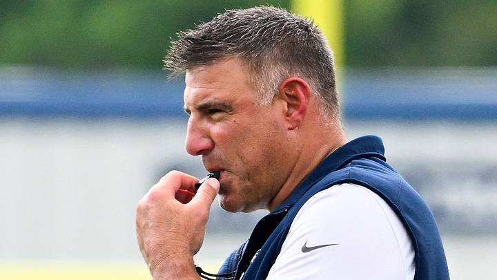 Jul 28, 2026; Foxborough, MA, USA; New England Patriots head coach Mike Vrabel blows his whistle during training camp at Gillette Stadium. Mandatory Credit: Eric Canha-Imagn Images