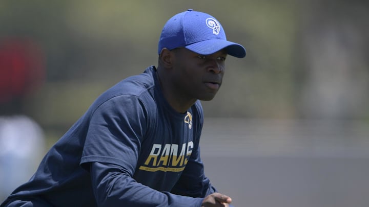 Jun 5, 2017; Thousand Oaks, CA, USA; Los Angeles Rams safeties coach Ejiro Evero during organized team activities at Cal Lutheran University. Mandatory Credit: Kirby Lee-Imagn Images