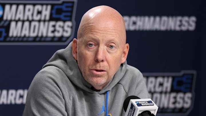 Mar 19, 2026; Philadelphia, PA, USA; UCLA Bruins head coach Mick Cronin speaks with the media before a practice session ahead of the first round of the men's 2026 NCAA Tournament at Xfinity Mobile Arena. Mandatory Credit: Bill Streicher-Imagn Images