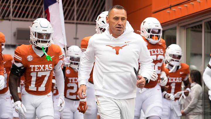 Nov 1, 2025; Austin, Texas, USA; Texas Longhorns head coach Steve Sarkisian leads his team