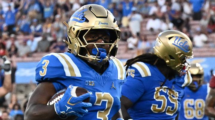 Sep 12, 2026; Pasadena, California, USA; UCLA running back Wayne Knight (3) completes a touchdown during the second half against San Diego State at the Rose Bowl. Mandatory Credit: William Liang-Imagn Images Sep 12, 2026; Pasadena, California, USA; UCLA running back Wayne Knight (3) completes a touchdown during the second half against San Diego State at the Rose Bowl. Mandatory Credit: William Liang-Imagn Images
