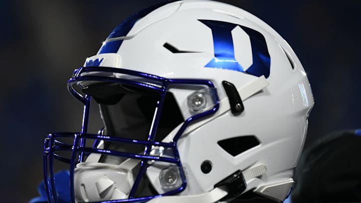 Sep 10, 2021; Durham, North Carolina, USA; A Duke Blue Devils helmet sits on an equipment chest during the third quarter of the game against the North Carolina A&T Aggies at Wallace Wade Stadium. Mandatory Credit: William Howard-Imagn Images