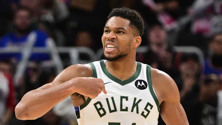 Milwaukee Bucks forward Giannis Antetokounmpo (34) reacts after scoring a basket in the 3rd quarter against the New York Knicks at Fiserv Forum on October 28, 2025.