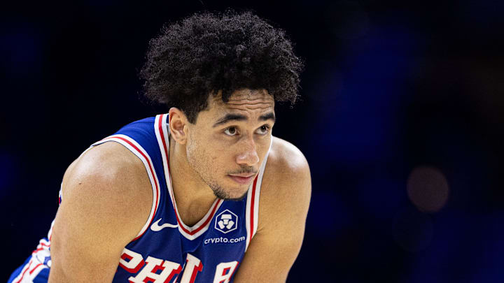Dec 4, 2024; Philadelphia, Pennsylvania, USA; Philadelphia 76ers guard Jared McCain (20) looks on during the fourth quarter against the Orlando Magic at Wells Fargo Center. Mandatory Credit: Bill Streicher-Imagn Images Dec 4, 2024; Philadelphia, Pennsylvania, USA; Philadelphia 76ers guard Jared McCain (20) looks on during the fourth quarter against the Orlando Magic at Wells Fargo Center. Mandatory Credit: Bill Streicher-Imagn Images