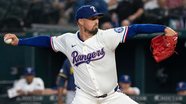 Texas Rangers relief pitcher Shawn Armstrong (43) delivers a pitch to the Milwaukee Brewers during the eighth inning at Globe Life Field. Texas Rangers relief pitcher Shawn Armstrong (43) delivers a pitch to the Milwaukee Brewers during the eighth inning at Globe Life Field.