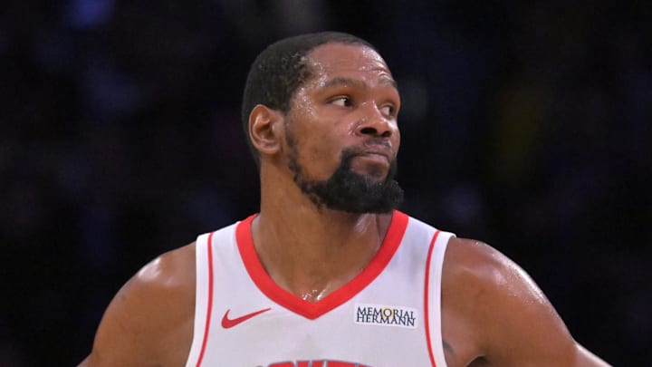 Apr 21, 2026; Los Angeles, California, USA; Houston Rockets forward Kevin Durant (7) looks on from the court in the second half of game two of the first round of the 2026 NBA Playoffs against the Los Angeles Lakers at Crypto.com Arena. Mandatory Credit: Jayne Kamin-Oncea-Imagn Images