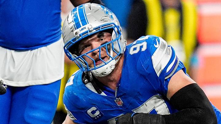 Detroit Lions edge rusher Aidan Hutchinson (97) celebrates a sack of New Orleans Saints quarterback Tyler Shough (6) during the second half at Ford Field in Detroit on Sunday, Sept. 13, 2026. Detroit Lions edge rusher Aidan Hutchinson (97) celebrates a sack of New Orleans Saints quarterback Tyler Shough (6) during the second half at Ford Field in Detroit on Sunday, Sept. 13, 2026.