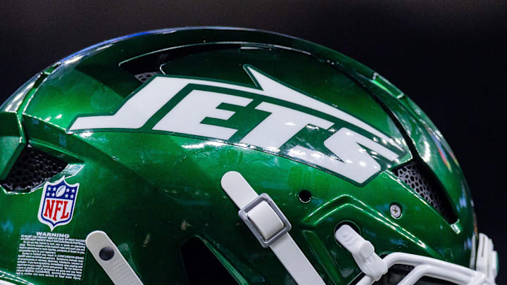 Dec 21, 2025; New Orleans, Louisiana, USA;  Detailed view of the New York Jets helmet during warm ups before the game against the New Orleans Saints at Caesars Superdome. Mandatory Credit: Stephen Lew-Imagn Images