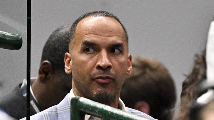 Apr 9, 2025; Dallas, Texas, USA; Dallas Mavericks general manager Nico Harrison during the game between the Dallas Mavericks and the Los Angeles Lakers at American Airlines Center. Mandatory Credit: Jerome Miron-Imagn Images Apr 9, 2025; Dallas, Texas, USA; Dallas Mavericks general manager Nico Harrison during the game between the Dallas Mavericks and the Los Angeles Lakers at American Airlines Center. Mandatory Credit: Jerome Miron-Imagn Images