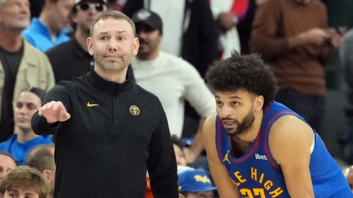 Feb 19, 2026; Inglewood, California, USA; Denver Nuggets head coach David Adelman and guard Jamal Murray (27) react against the LA Clippers in the second half at Intuit Dome. Feb 19, 2026; Inglewood, California, USA; Denver Nuggets head coach David Adelman and guard Jamal Murray (27) react against the LA Clippers in the second half at Intuit Dome.