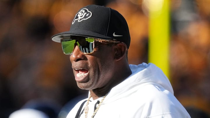 Oct 7, 2023; Tempe, Arizona, USA; Colorado Buffaloes head coach Deion Sanders yells out from the sidelines as his team takes on the ASU Sun Devils at Mountain America Stadium.