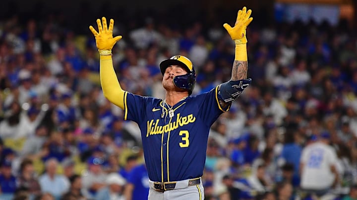 Milwaukee Brewers shortstop Joey Ortiz (3) celebrates after hitting a solo home run against the Los Angeles Dodgers at Dodger Stadium. 