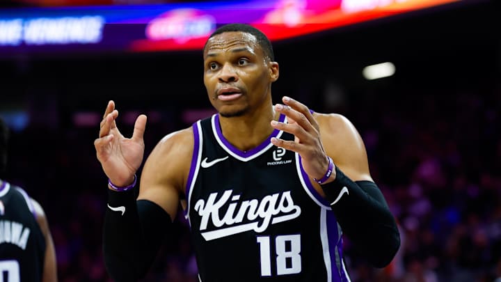 Jan 14, 2026; Sacramento, California, USA; Sacramento Kings guard Russell Westbrook (18) reacts after a call during the second quarter against the New York Knicks at Golden 1 Center.