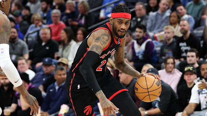 Apr 3, 2024; Minneapolis, Minnesota, USA; Toronto Raptors forward Jalen McDaniels (2) works around Minnesota Timberwolves forward Jaden McDaniels (3) during the third quarter at Target Center. Mandatory Credit: Matt Krohn-Imagn Images