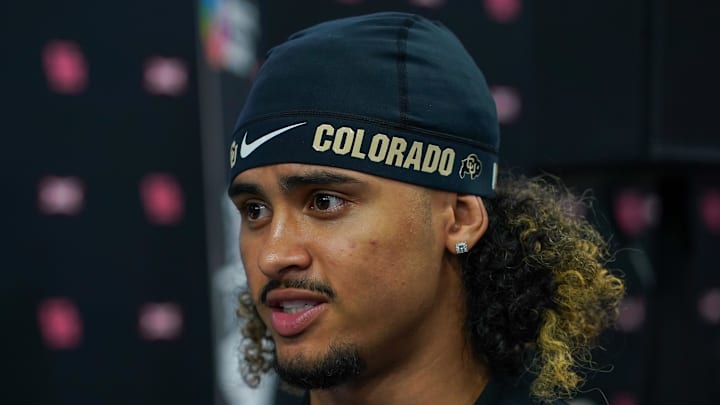 Jul 9, 2025; Frisco, TX, USA; Colorado quarterback Julian Lewis speaks with the media during 2025 Big 12 Football Media Days at The Star. 