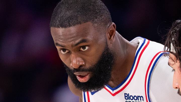 Oct 24, 2026; Philadelphia, Pennsylvania, USA; Philadelphia 76ers guard Jaylen Brown (7) controls the ball against Milwaukee Bucks forward Jaime Jaquez Jr. (24) during the second quarter at Xfinity Mobile Arena. Mandatory Credit: Bill Streicher-Imagn Images