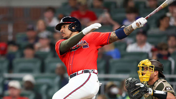 May 17, 2024; Atlanta, Georgia, USA; Atlanta Braves catcher Chadwick Tromp (45) hits a double against the San Diego Padres in the eighth inning at Truist Park. 