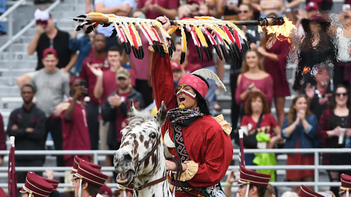 Chief Osceola and Renegade leading the Seminoles out on to the field to face the Florida Gators on November 24, 2018 at Doak Campbell Stadium. Chief Osceola and Renegade leading the Seminoles out on to the field to face the Florida Gators on November 24, 2018 at Doak Campbell Stadium.