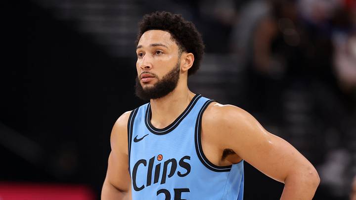 Apr 5, 2025; Inglewood, California, USA; Los Angeles Clippers guard Ben Simmons (25) looks on during the first half against the Dallas Mavericks at Intuit Dome. Apr 5, 2025; Inglewood, California, USA; Los Angeles Clippers guard Ben Simmons (25) looks on during the first half against the Dallas Mavericks at Intuit Dome.
