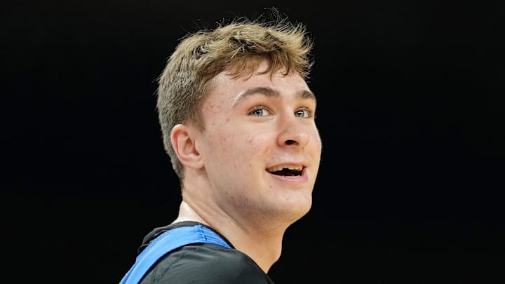 Apr 4, 2025; San Antonio, TX, USA; Duke Blue Devils guard Cooper Flagg (2) during a practice session for the Final Four of the 2025 NCAA tournament at Alamodome. Mandatory Credit: Bob Donnan-Imagn Images
