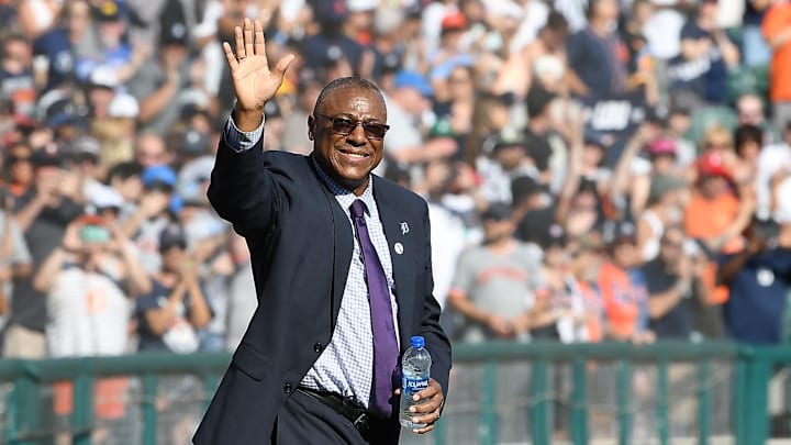 Aug 6, 2022; Detroit, Michigan, USA; Detroit Tigers former second baseman Lou Whitaker acknowledges the crowd during his uniform number retirement ceremony at Comerica Park.