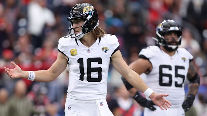 Nov 9, 2025; Houston, Texas, USA; Jacksonville Jaguars quarterback Trevor Lawrence (16) looks towards the bench against the Houston Texans during the second half at NRG Stadium. Mandatory Credit: Troy Taormina-Imagn Images