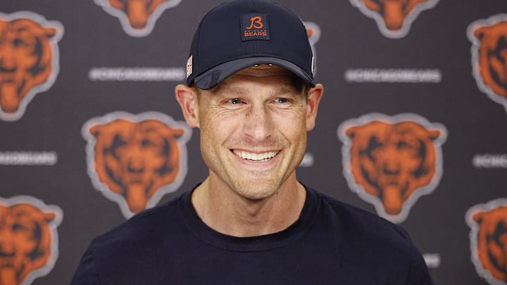 Jun 3, 2025; Lake Forest, IL, USA; Chicago Bears head coach Ben Johnson speaks during minicamp at Halas Hall.