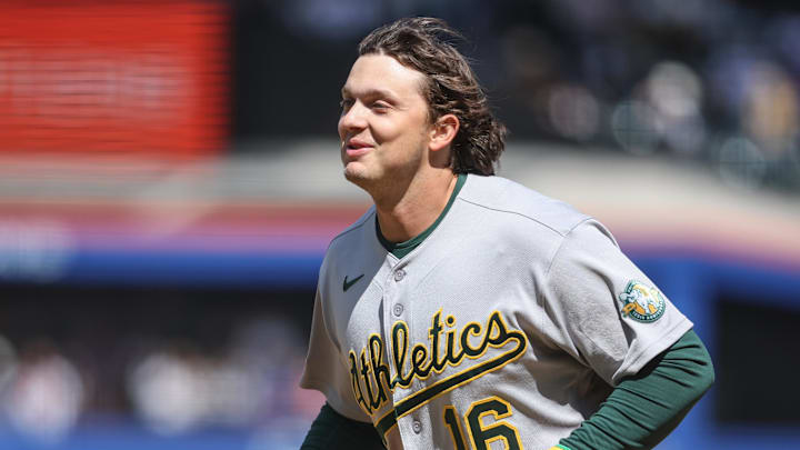 Apr 12, 2026; New York City, New York, USA;  Athletics first baseman Nick Kurtz (16) celebrates after hitting a solo home run in the third inning against the New York Mets at Citi Field. Mandatory Credit: Wendell Cruz-Imagn Images