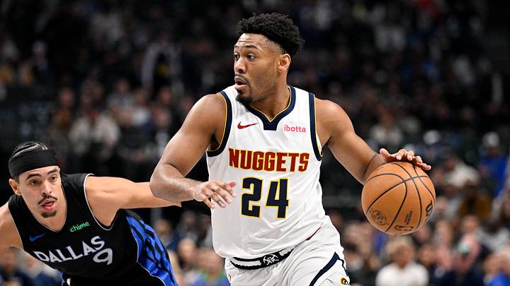 Jan 14, 2026; Dallas, Texas, USA; Denver Nuggets guard Jalen Pickett (24) brings the ball up court past Dallas Mavericks guard Ryan Nembhard (9) during the second quarter at the American Airlines Center. Mandatory Credit: Jerome Miron-Imagn Images Jan 14, 2026; Dallas, Texas, USA; Denver Nuggets guard Jalen Pickett (24) brings the ball up court past Dallas Mavericks guard Ryan Nembhard (9) during the second quarter at the American Airlines Center. Mandatory Credit: Jerome Miron-Imagn Images