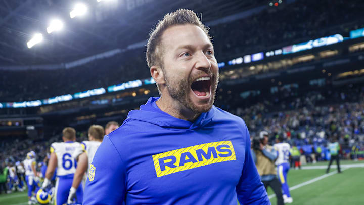 Nov 3, 2024; Seattle, Washington, USA; Los Angeles Rams head coach Sean McVay celebrates following an overtime victory against the Seattle Seahawks at Lumen Field. Mandatory Credit: Joe Nicholson-Imagn Images Nov 3, 2024; Seattle, Washington, USA; Los Angeles Rams head coach Sean McVay celebrates following an overtime victory against the Seattle Seahawks at Lumen Field. Mandatory Credit: Joe Nicholson-Imagn Images